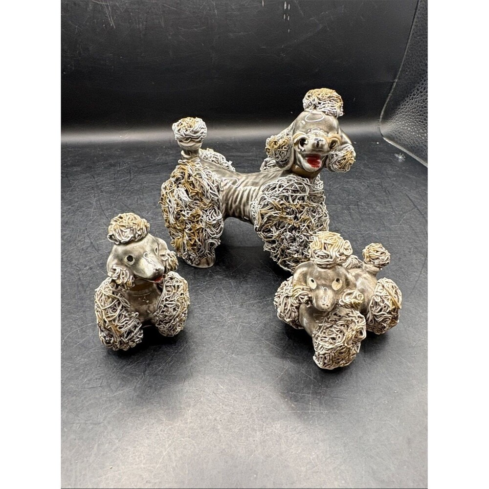 Vintage Gray Spaghetti Poodle Family - repaired
